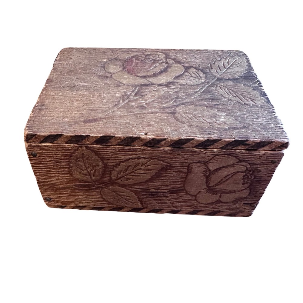 Wood Trinket Box Small Brown Rose Pyrography Folk Art Jewelry